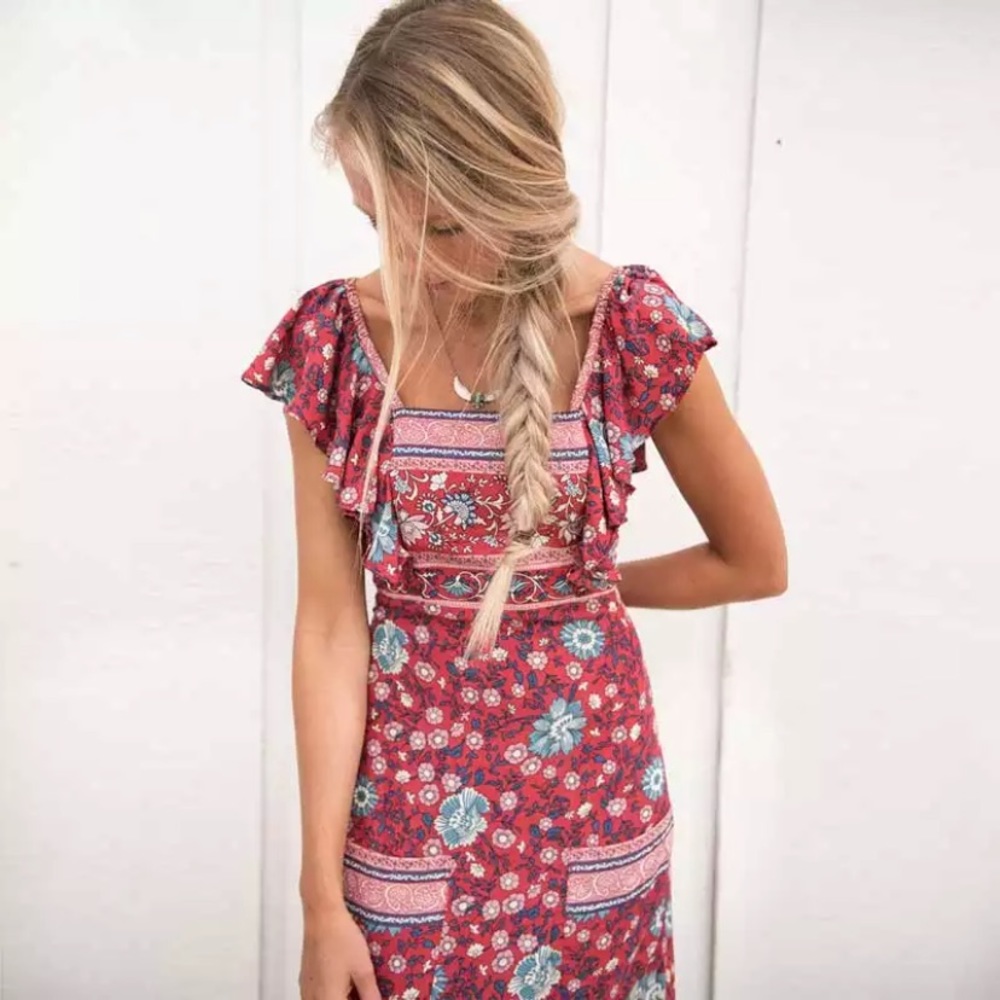 SOLD OUT Red Butterfly Sleeve Bohemian Floral Maxi Dress - Picture 1 of 5